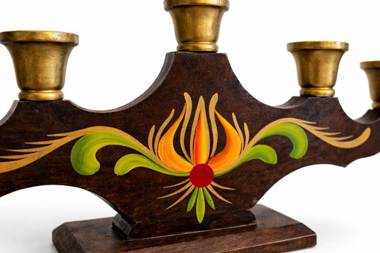 Pair of Swedish hand-painted kurbits five-arm wooden candelabras, 1960s – photo 2