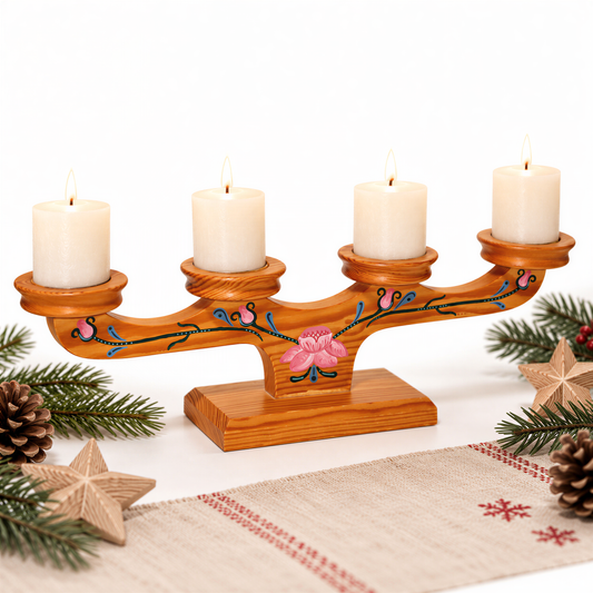 Swedish advent candle holder with four white candles and pine branches