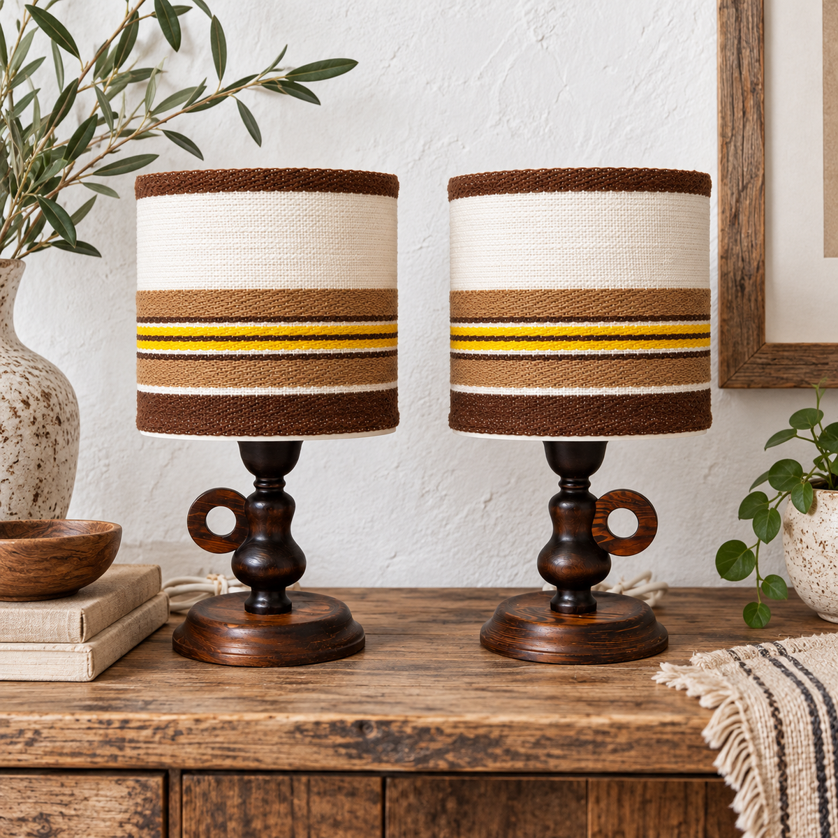 Pair of 1970s carved wood table lamps with striped fabric shades – photo 10