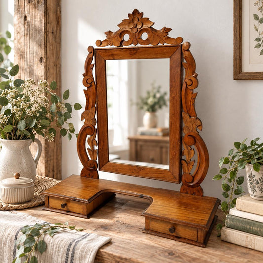 Antique carved walnut dressing table mirror with tilting mirror and drawer