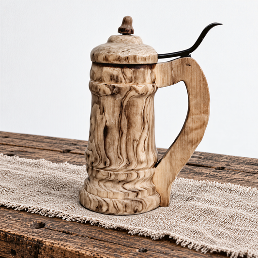 Carved wooden tankard with flame-like grain, front view