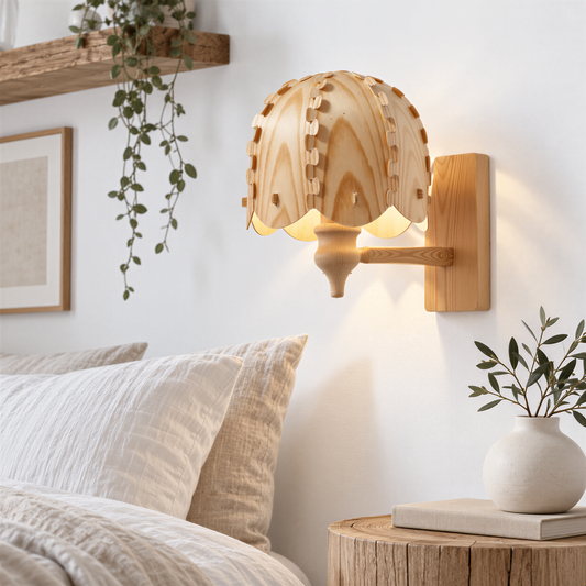 a cozy bedroom scene with a wooden lamp shade, a white bed, and a wooden nightstand with a plant and a book.