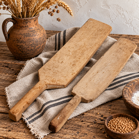 Pair of vintage Swedish wooden scutching knives styled as rustic farmhouse decor