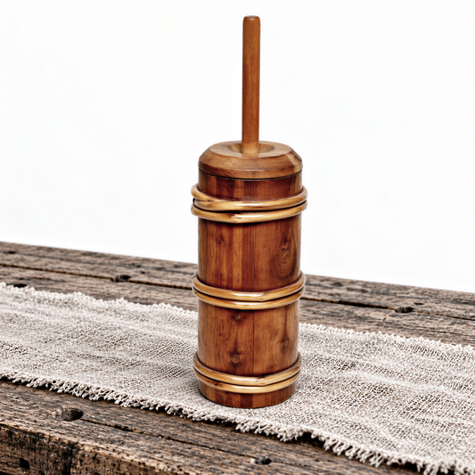 Small staved butter churn styled on a table