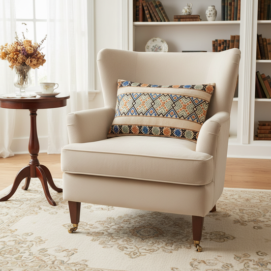 Beige armchair with Scandinavian Folk Woven Cushion Cover – Nordic Geometric Pattern in a vintage interior, timeless charm.