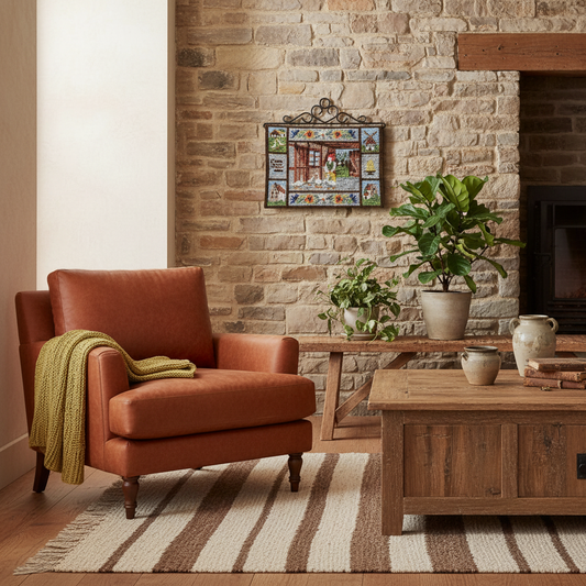 Vintage Swedish Wall Hanging – Embroidered Folk Art with Nils Holgersson Motif, Nordic Boho Decor on rustic stone wall above cozy leather armchair