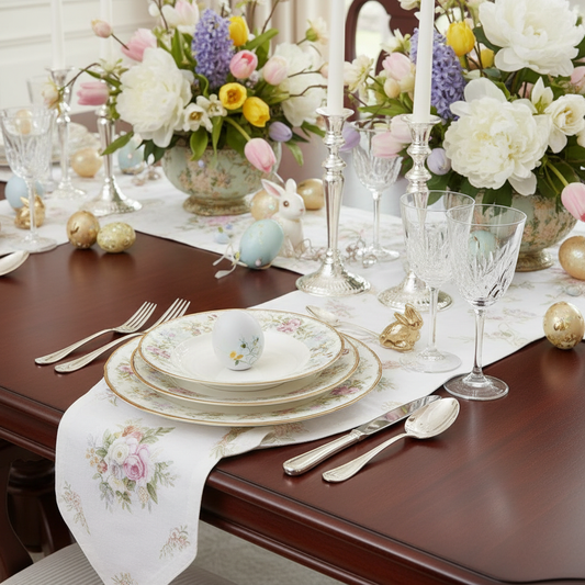 Elegant table setting on Vintage Mahogany Queen Anne Dining Set Extendable Table, 6 Chairs with floral runner and crystal glassware