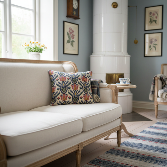 Cozy vintage living room with Antique Swedish Embroidered Pillow – Handwoven Folk Art Cushion, Scandinavian mid-century charm.