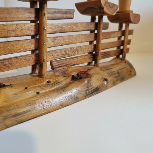 Handmade Wooden Candle Holder: Rustic Scandinavian Fence Design with detailed wood grain and natural finish base.