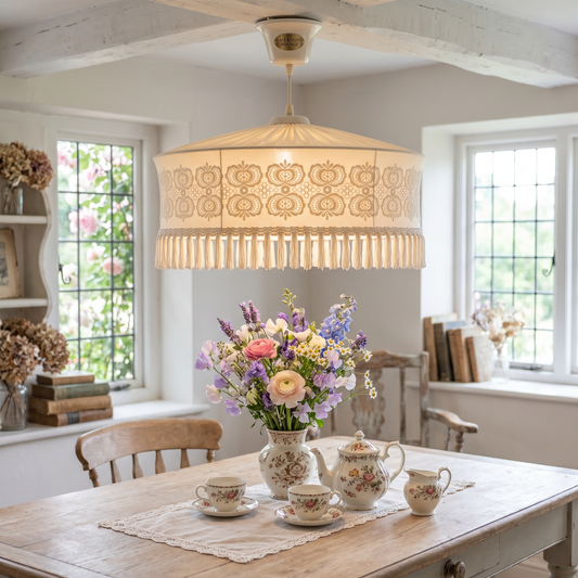 Vintage Scandinavian Pendant Lamp – Embroidered Fabric Shade, Mid-Century Ceiling Light