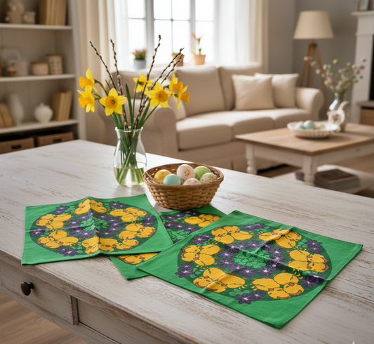 Vintage Easter cotton cocktail napkins – set of 3 with yellow chicks and purple flowers, timeless charm, authentic vintage decor.