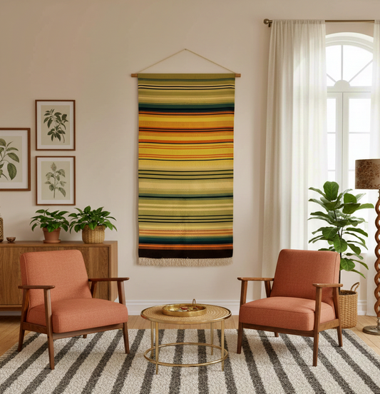 Vintage Swedish Wall Hanging – Soft Handwoven Wool Textile with authentic vintage charm in cozy Scandinavian mid-century modern room.