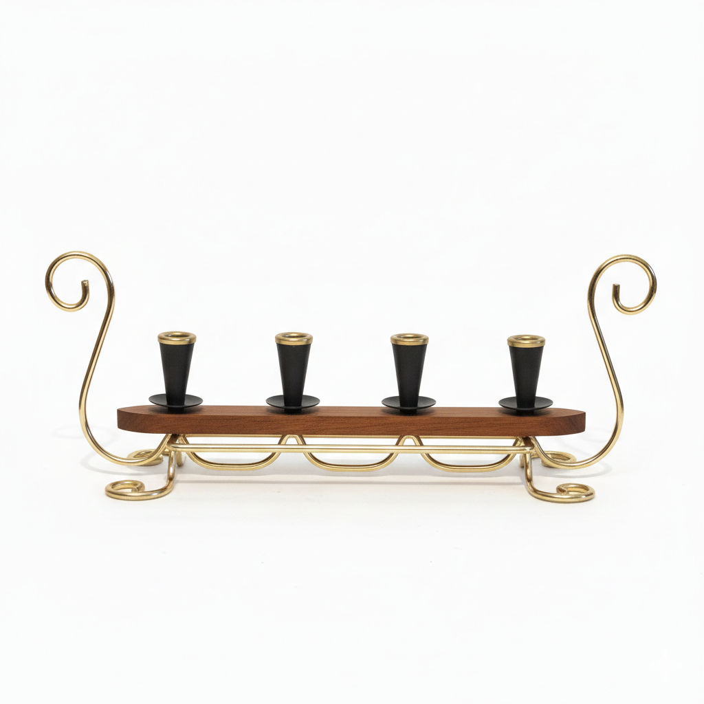 Teak Candelabra- Gunnar Ander Ystad Metall Scandinavian Design with brass scrolls and black candle holders, timeless charm vintage piece