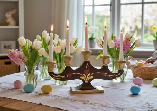 Antique Hand Painted Swedish Candelabra: Allmoge Folk Art Wood Candle Holder with lit candles and spring decor, timeless charm