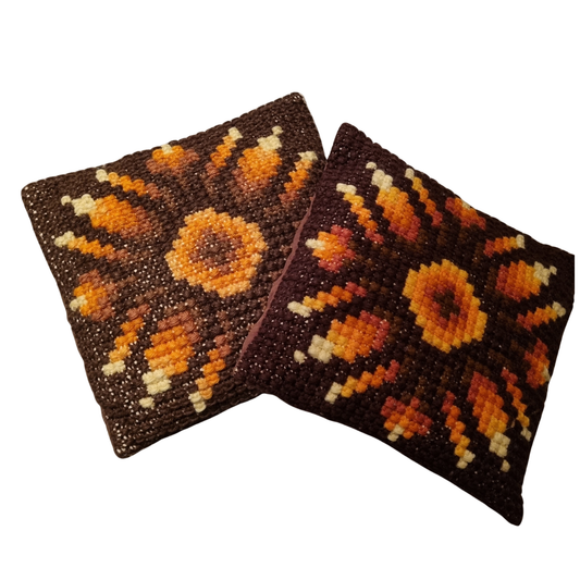 Scandinavian Folk Art Cushions Vintage Handwoven Swedish Textile Pillows with authentic vintage warm brown and orange folk design, timeless charm