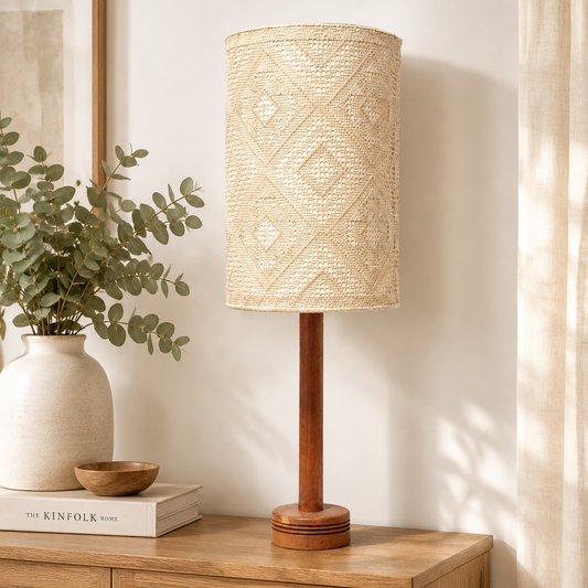 Teak Table Lamp with Woven Lace Shade, Scandinavian Mid Century 1960s, Vintage