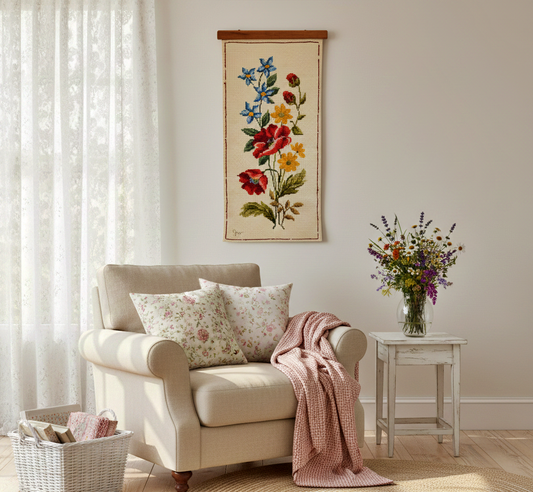Vintage Embroidered Floral Wall Scroll - Rustic Cross Stitch Flower Tapestry - Cottagecore Botanical Decor with timeless charm.