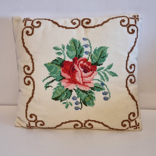 Vintage Hand Embroidered Pillow – Cross Stitch Cushion with Roses – Colorful Boho Home Decor showcasing timeless charm and authentic vintage style.