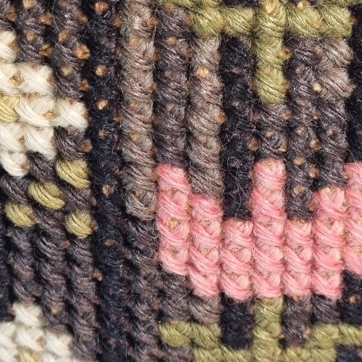 Swedish wool embroidered cushion with nine pink tulips on dark brown – photo 4