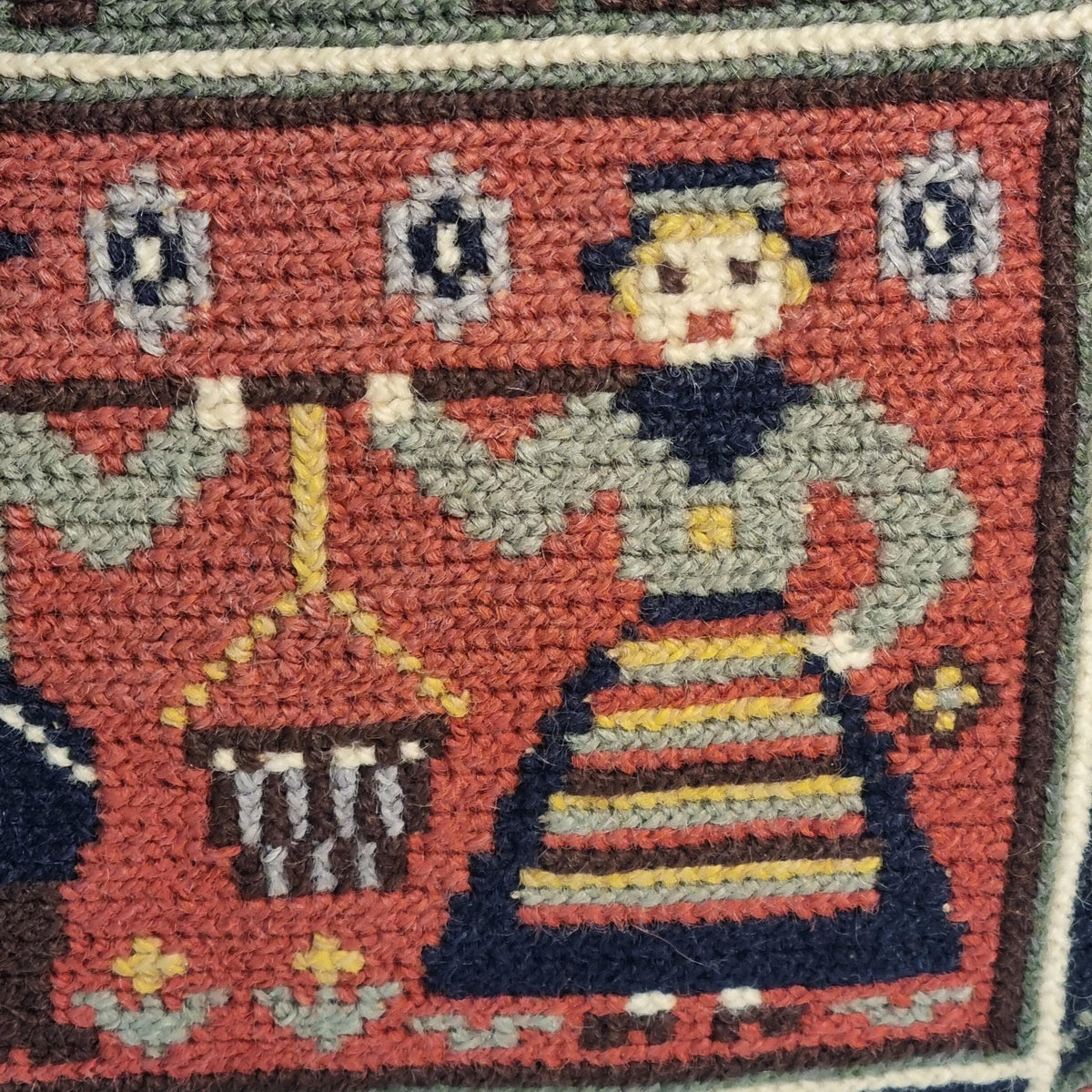 Swedish Allmoge wool needlepoint cushion with folk figures and tassels – photo 5