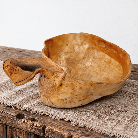Swedish birch burl bowl with handle, side view