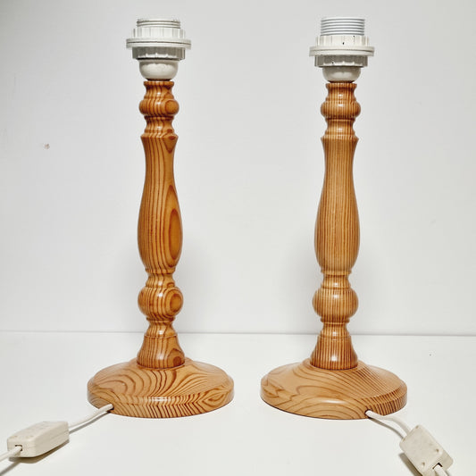 Pair of Swedish pine table lamp bases with E27 sockets, front view