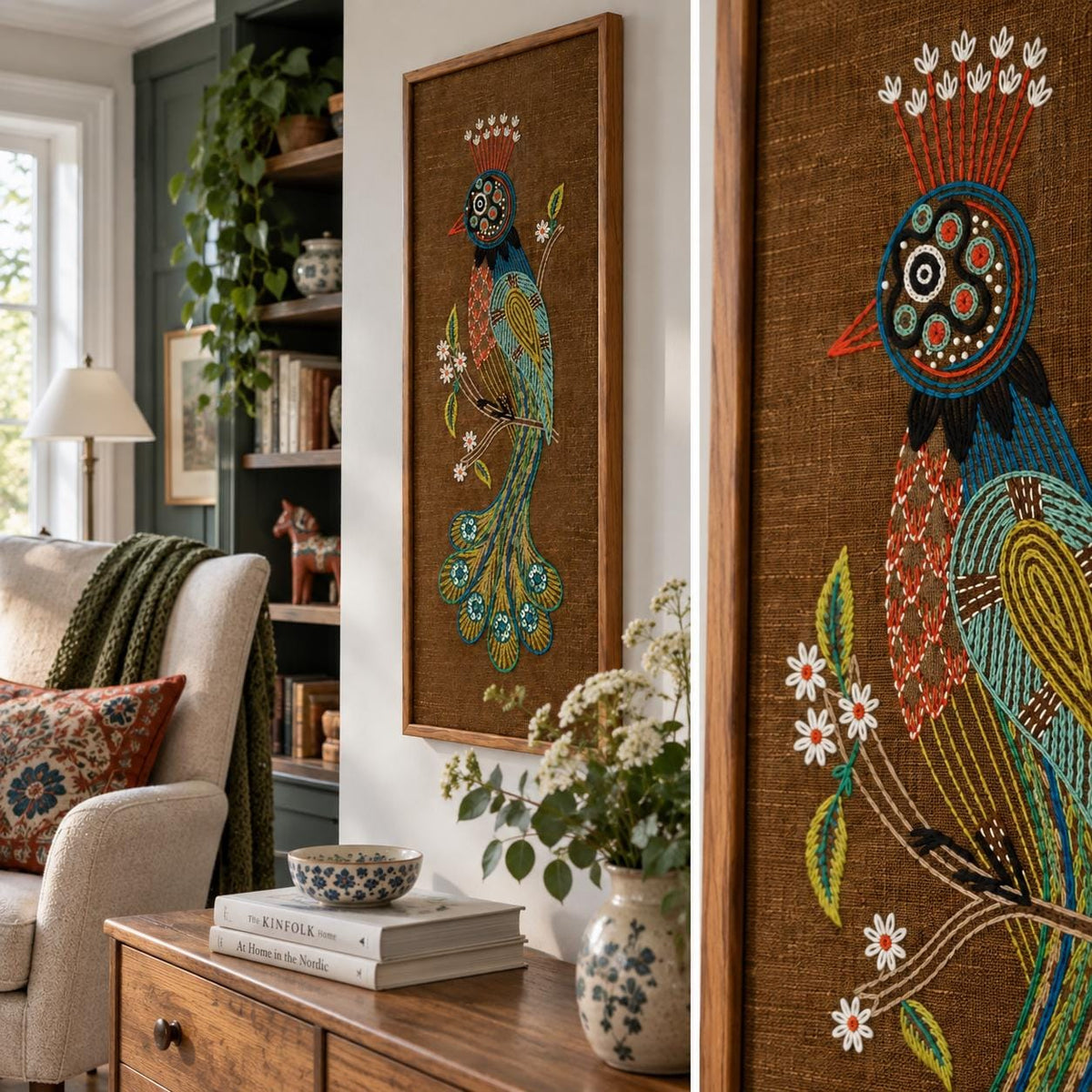 Swedish 1970s hand-embroidered peacock wall art in solid teak frame – photo 5