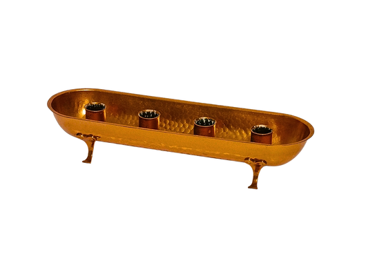 Vintage Hammered Copper Candle Holder Tray – 4 Pillar Candles, Footed, authentic vintage with timeless charm and Scandinavian mid-century modern style.