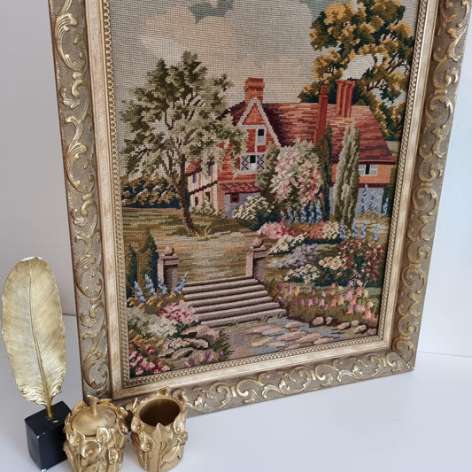 Antique Wool Needlepoint Tapestry in Gilded Baroque Frame - Victorian Cottage Sc — framed vintage Scandinavian textile art, handmade in Sweden (view 2)