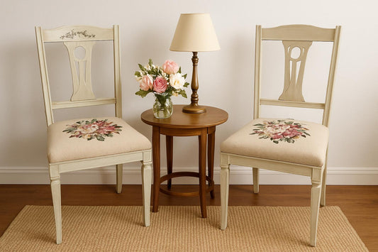 Vintage Chair – 1920s Swedish Painted Wood with Floral Needlepoint Upholstery | 1 or Pair Available displayed with wooden side table and lamp