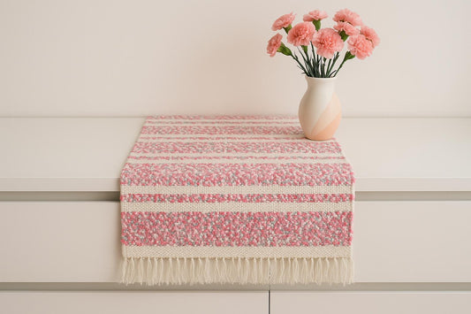 Handwoven Swedish Table Runner: Pink & White Scandi Boho Rug