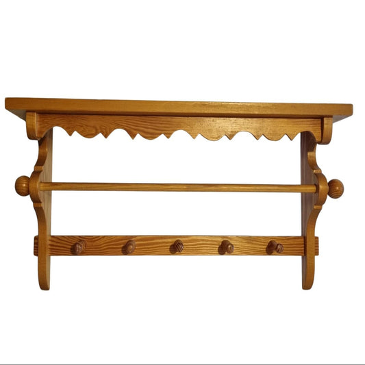 Rustic Pine Wall Shelf with Peg Hooks & Towel Bar: Farmhouse Kitchen Organizer in natural pine wood finish