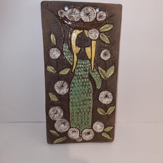 Ninnie Keramik Swedish Ceramic Wall Plaque – Mid-Century Modern Relief featuring a stylized woman with flowers in earthy tones and vintage Scandinavian decor style.