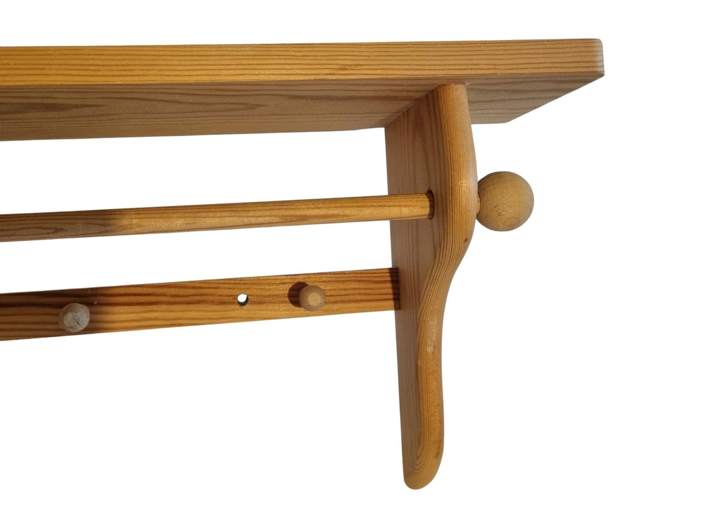 Rustic Pine Wall Shelf with Peg Hooks & Towel Bar - Farmhouse Kitchen Organizer in natural pine wood finish