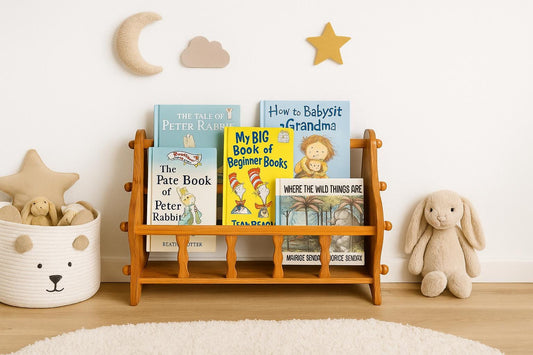 Vintage Pine Wood Magazine Holder: Scandinavian Rustic Book & Record Rack holding children's books in a cozy nursery setting