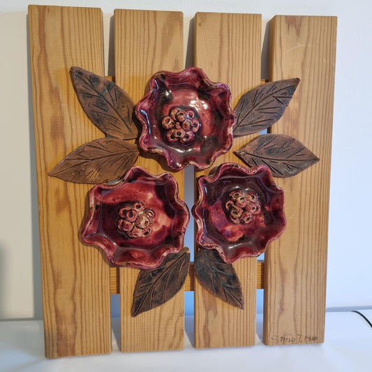 Swedish Wall Hanging Ceramic and Wood Floral Art – Signed Vintage Home Decor with red ceramic flowers and carved wood leaves