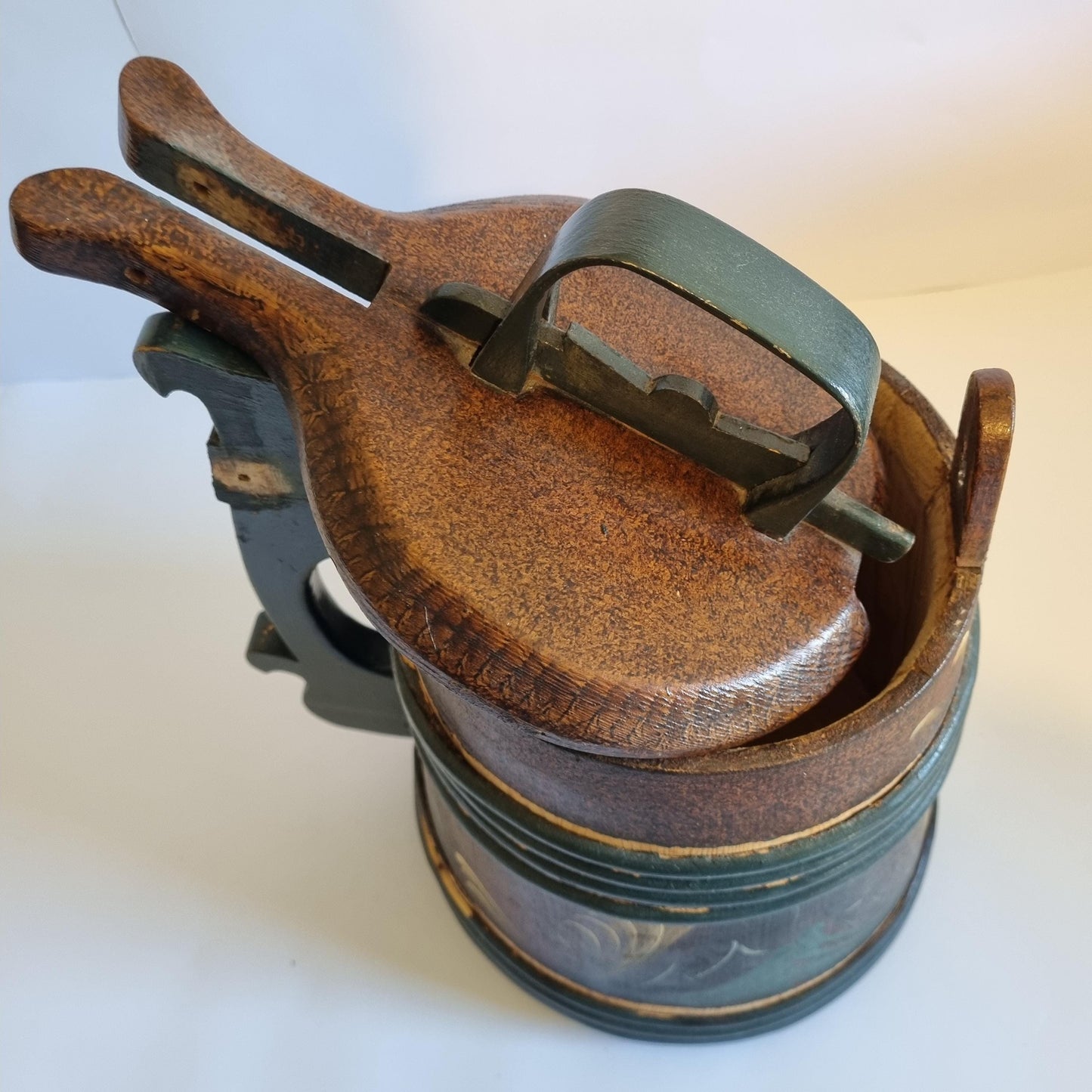 Vintage Hand-Painted Rosemåling Mug: Swedish Folk Art Wooden Tankard with carved wood and painted floral details