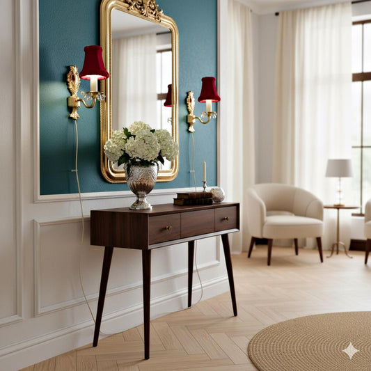 Vintage Rococo style gilded wall lamps pair with original velvet shades — vintage Scandinavian mid-century lamp, handmade in Sweden (view 2)