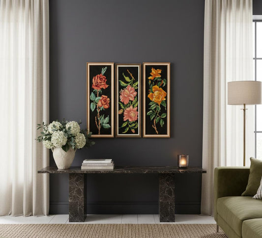 Vintage Embroidered Floral Wall Art set - Cottagecore Botanical Decor