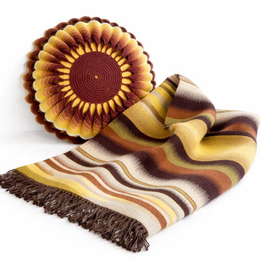 Vintage Crochet Sunburst Pillow & Striped Wool Throw – Boho Cottage Decor