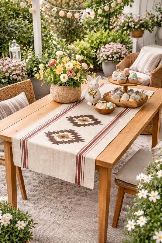 Handwoven Wool Table Runner Geometric Southwestern Kilim Style Cream Red Brown 150cm