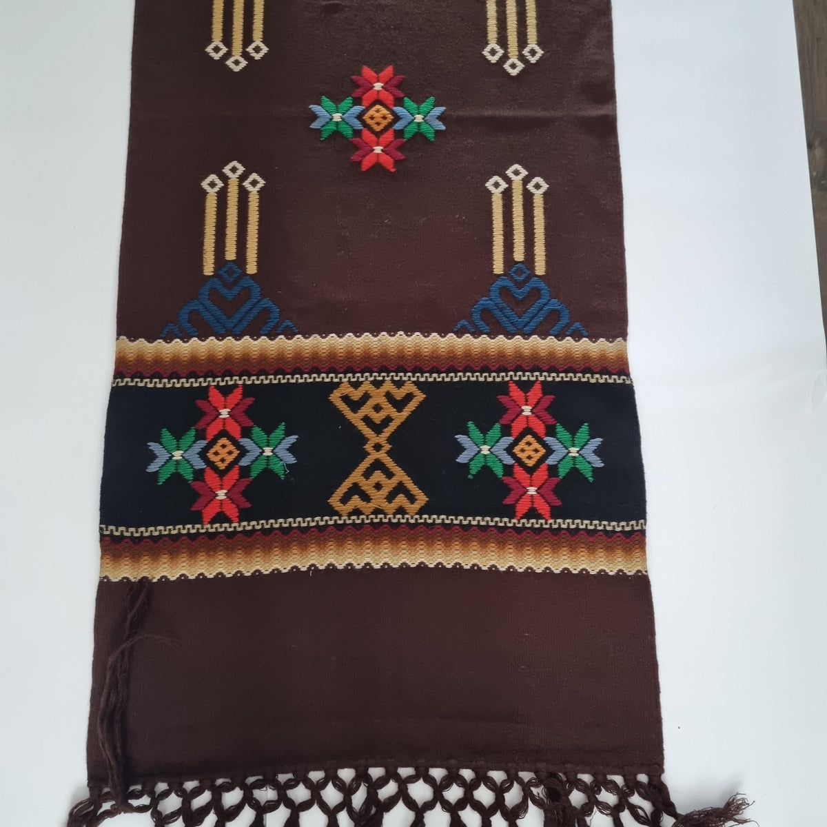 Swedish Allmoge Wool Runner Folk Embroidery Brown Geometric Fringe Handmade Sweden