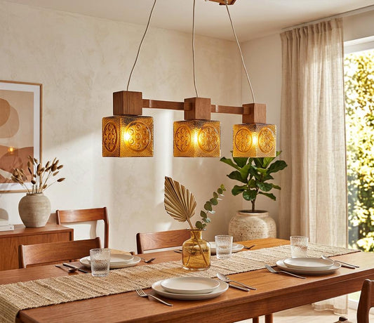 Pendant Lamp Three Amber Glass Cubes Teak Mid Century Scandinavian 1960s Brutalist Light
