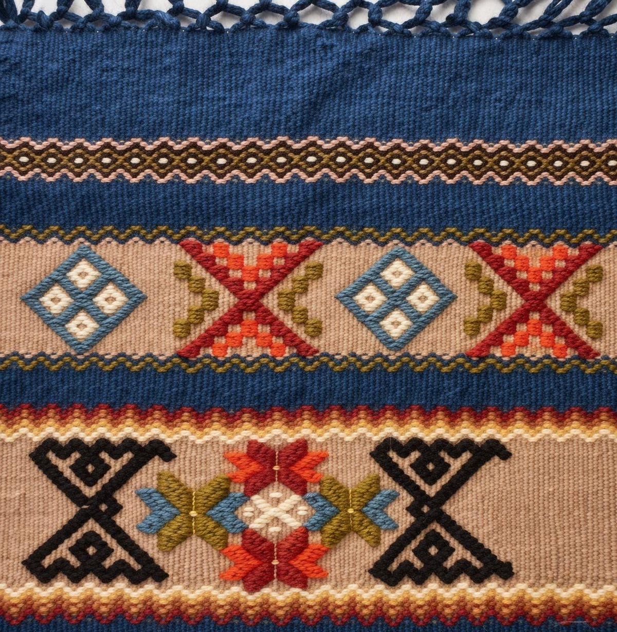 Swedish Allmoge Wool Runner Folk Embroidery Teal Blue Geometric Fringe Handmade Sweden