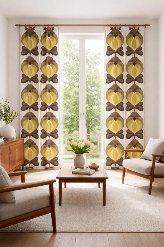 1970s Retro Curtain Pair Flower Power Yellow Green Brown Mod Scandinavian Sweden