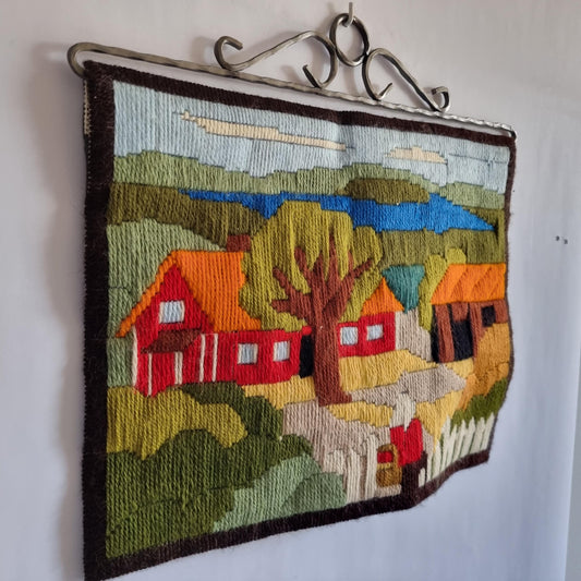 Scandinavian Folk Tapestry | Woven Wall Hanging | Mid Century Textile Art | Rustic Village Scene
