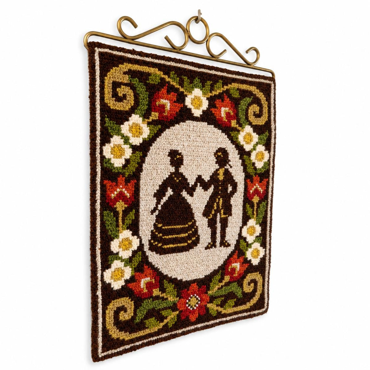 Wool Wall Hanging Romantic Couple Silhouette French Rococo Tapestry Swedish Vintage Embroidery 1970s Floral