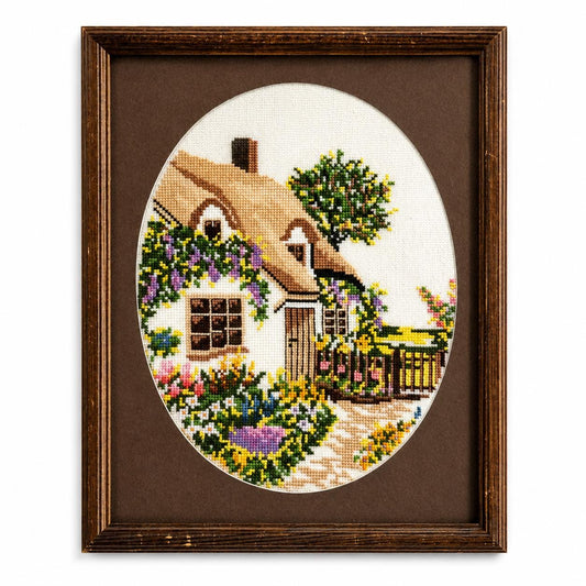 Framed textile art Cottage Garden English Country Vintage Embroidery Floral Cottagecore Wall Decor