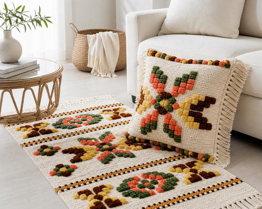 Wool Runner and Cushion Cover Set –Handwoven Boho Geometric Swedish Folk Art Decor