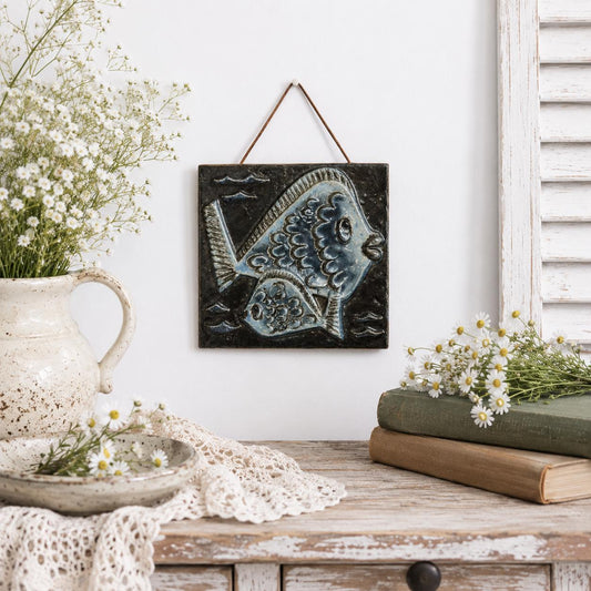 Wall Hanging Willi Fischer Blue Fish Ceramic Plaque Mid Century Scandinavian Swedish Stoneware Wall Art Black Glaze 1960s Sweden